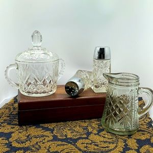Anchor Hocking Vintage Prescut Sugar Bowl, Creamer plus Salt and Pepper Shakers